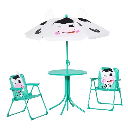 Outsunny Kids Table and Chair Set Picnic Table Umbrella White Dairy Cow | Outdoor Folding Garden Furniture, Patio Backyard, Removable & Height Adjustable Sun Umbrella - color: White