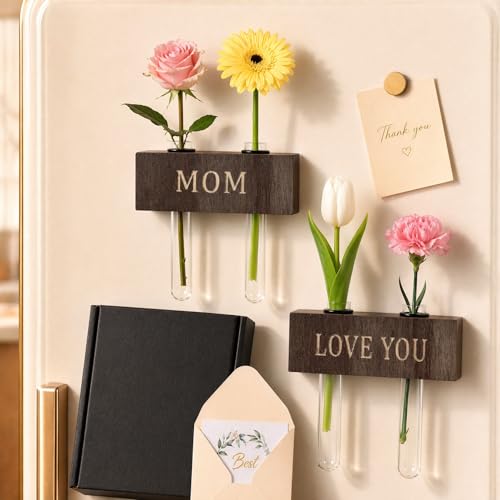 Mini Magnetic Wooden Vases- Wood Blocks with Test Tubes, Tabletop & Fridge Decor, Mom Gifts from Daughter, Unique Birthday Gifts for Mom from Son (MOM&Love Dark Walnut) - color: Mom&love Dark Walnut