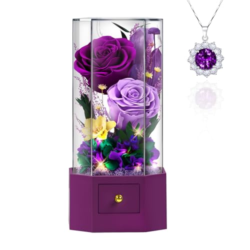 Forever Rose with Necklace Purple Preserved Rose Eternal Flower for Delivery Gift for Women Wife Girlfriend Mom Best Friend, Valentine’s Day Anniversary Birthday - color: Purple