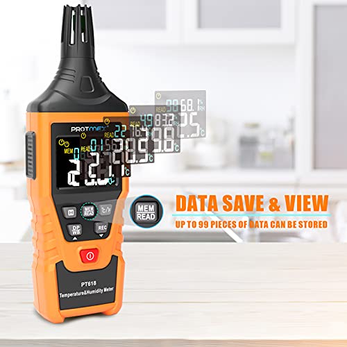Protmex PT618 Temperature Humidity Meter - Wet Bulb for Indoor/Outdoor | Thermometer Hygrometer Monitor with Ambient, Dew Point, MIN, MAX, Data Hold, LCD Backlight - size: PT618