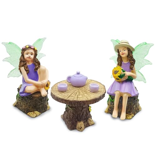 DONABELA Fairy Garden Kit Figurine Set Supplies 2 Fairies Table 2 Chairs Teapot Teacups Miniature Decor Accessories Tiny Furniture Outdoor Indoor Ornament Gift - style: xv-1