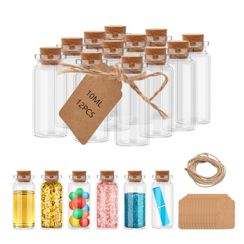 12Pcs 10ml Small Glass Mini Jars with Cork Lids Message Bottle Terrarium Jar Tiny Wishing Bottles miniature Sand Art Bottles Sample for DIY Crafts (12)
