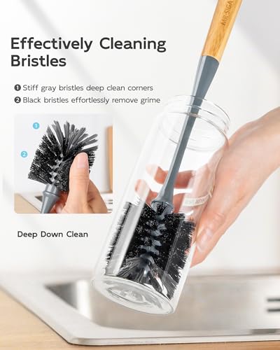 MR.SIGA Water Bottle Brush, Long Handle Bottle Brush for Sports Bottles | bottle brushes for cleaning, drinking glasses brush with bamboo handle, 5.7 cm(2.2 inch) wide brush head, 2 pack - color: Gray