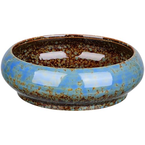 YARNOW 7.3 Inch Lotus Bowl Planter Ceramic Water Lily Pot Shallow Blue Glazed Succulent Planter Round Hydroponic Bonsai Vase for Aquatic Plants Indoor Outdoor Garden Decor