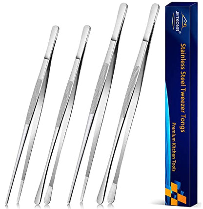 JETKONG 4 Pcs Kitchen Tweezers Tongs Stainless Steel Cooking Tweezers Set, Professional Kitchen Long Tweezer for Cooking, Repairing, and BBQ (10+12-Inch, Silver) - color: Silver, size: 10+12inch-4PCS