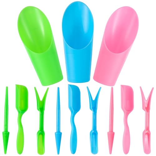 HINZIC 12pcs Garden Shovel Hand Tools Transplanting Succulent Cultivation Digging Scoops Kits Plastic for Flower Planting Bonsai Potting Soil Indoor(Pink Blue Green)