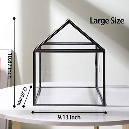 Large Glass Geometric Terrarium Container Tabletop Large Close House Shape Box Planter for Succulent Plant Moss Fern with Swing Lid Black Decor 12 x 9 x 10 inches, No Plants Included