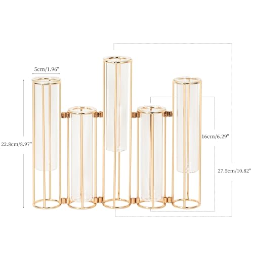 Gold Vases for Centerpieces, Test Tube Flower Vase with 5 Test Tubes, Gold Flower Vase with Metal Stand Racks Hydroponic, Glass Hinged Propagation Plant Vase for Wedding Table Home Decor