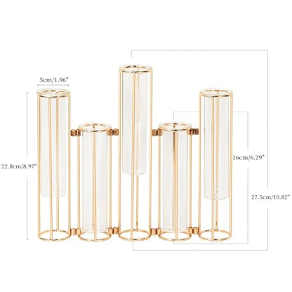 Gold Vases for Centerpieces, Test Tube Flower Vase with 5 Test Tubes, Gold Flower Vase with Metal Stand Racks Hydroponic, Glass Hinged Propagation Plant Vase for Wedding Table Home Decor