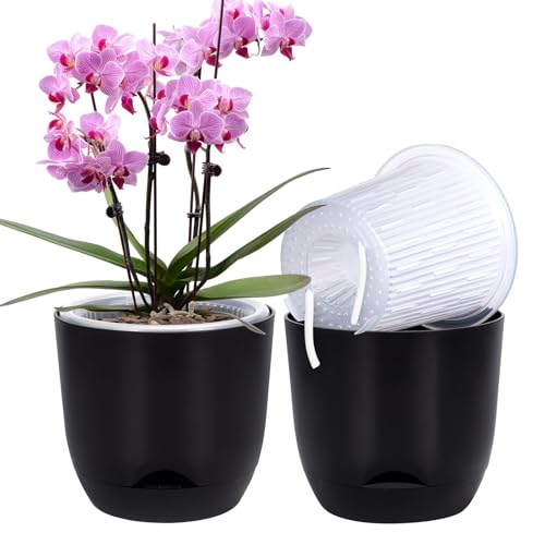 QCQHDU 2 Pack 7.2 Inch Orchid Pots with Holes for Repotting, Double-Layer and Self Watering Orchid Pot with Good Air Circulation - color: Black, size: 2packs 7.2IN