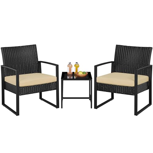Yaheetech 3 Pieces Rattan Bistro Set, Indoor/Outdoor Wicker Patio Modern Conversation Furniture, 2 Chairs & Tempered Glass Coffee Table for Garden, Balcony, Backyard, Poolside, Black/Khaki - color: Black/Khaki