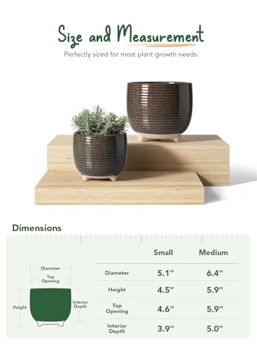 LE TAUCI Ceramic Plant Pots, 5.1 + 6.4 Inch Footed Pots for Plants, Modern Flower Pots for Home and Office, Indoor Planters with Drainage, Reactive Glaze Black - color: Reactive Glaze Black