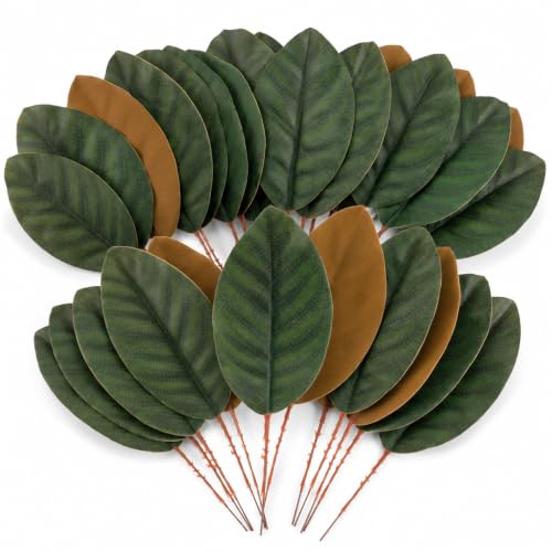 IMIKEYA 60Pcs Artificial Magnolia Leaves 7.67 Inch Faux Leaf Stems | Real Touch Greenery Picks for Vase Wedding Floral Arrangements and Home Decor