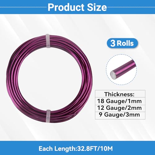 3 Rolls Aluminum Craft Wire Kit with Side Cutter Pliers, Multi-Size [18/12/9] Gauge, Flexible Metal Wire Set for Jewelry Making, Bonsai and Sculpting (98.4 Ft Total, 32.8 Ft/Roll, Purple) - size: 3 Gauges Set 32.8Ft Each, style: Purple