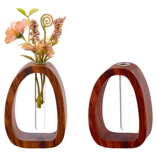 DICOSMETIC 2Pcs Wood Frame Glass Test Tube Vase 0.41" ID Modern Farmhouse Propagation Stations Small Hydrophilic Plants Vase Wooden Frame Flower Vases for Home Table Office Garden Decoration