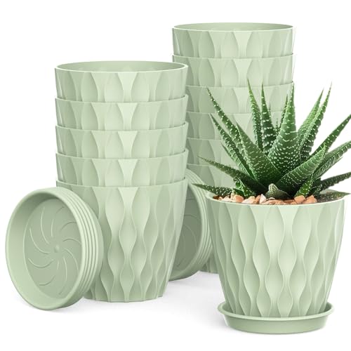 UOUZ 12 Pack 4 Inch Small Plant Pots with Saucers, Waffle Texture Plastic Planters with Drainage Holes for Indoor and Outdoor Plants, Flowers, Herbs, Succulents, and Seedlings, Green - color: Green, size: 12-Pack