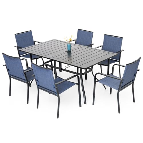 Anmutig 7-Piece Outdoor Dining Set, 63" Patio Table, Stackable Chairs Blue - color: Blue Fabric + Black Frame, size: 63"*38"*28"