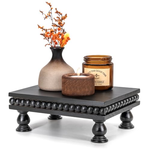 EOSAHR Mini Wood Riser with Beaded: Pedestal Stand for Room Decor, Black | Pine Wood, Display Stand, Candle Holder, Wood Tray for Bathroom, Soap Holder, Ideal for Kitchen Counter, Farmhouse Decor - color: Black