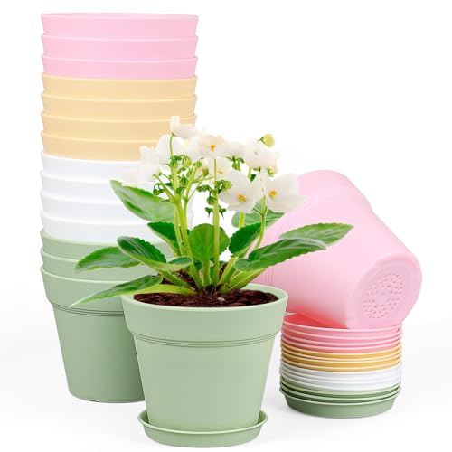 Meowell 6 inch Plastic Nursery Pots, 16 Pack Plant Pots for Indoor Outdoor Plants, Flower Pots with Drainage Holes and Saucers, Decorative Seedling Starter Planters for House Plants, Colorful - color: Colorful, size: 6inch 16pcs