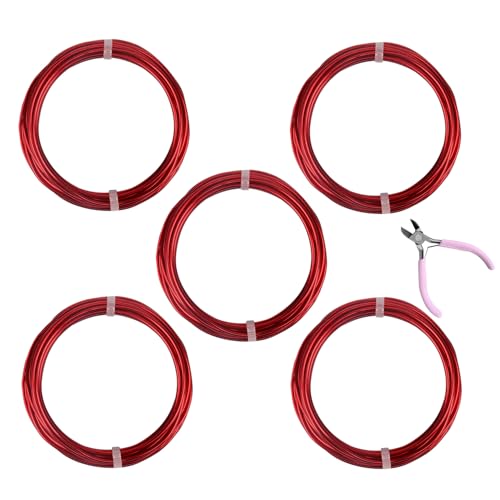 5 Rolls Aluminum Craft Wire Kit with Side Cutter Pliers, Multi-Size [18/15/12/10/9] Gauge, Flexible Metal Wire Set for Jewelry Making, Bonsai and Sculpting (82 Ft Total, 16.4 Ft/Roll, Red) - size: 5 Gauges Set 16.4Ft Each, style: Red
