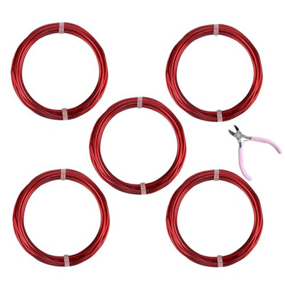 5 Rolls Aluminum Craft Wire Kit with Side Cutter Pliers, Multi-Size [18/15/12/10/9] Gauge, Flexible Metal Wire Set for Jewelry Making, Bonsai and Sculpting (82 Ft Total, 16.4 Ft/Roll, Red) - size: 5 Gauges Set 16.4Ft Each, style: Red