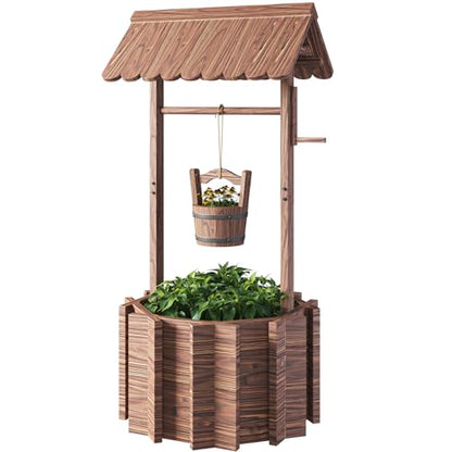 Oneinmil Wishing Well Planter for Yard, Outdoor Large Wooden Wishing Well with Hanging Bucket for Flower and Plants Wishing Well for Outside, Patio, Garden, Lawn Backyard Decor Upgrade Reinforced Base