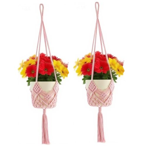 2 Pack Macrame Hanging Planters, Pink | With Patterns, Crochet Boho Style, Plant Holder Hanging Basket, Up to 6 Inch Pots - color: Pink