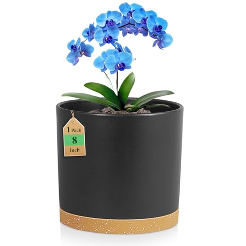 WSMKSZ 8 Inch Cylinder Plant Pots for Indoor Outdoor Plants, Medium Deep Flower Pots with Drainage Holes & Saucer, Decorative Plastic Planter Pots for Garden House Plants, Black with Brown - color: Black With Brown, size: 8 Inch Deep
