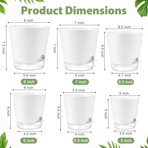 QRRICA 5/5.5/6/6.5/7/8 inch Self Watering Pot Set, Visible Water Level Planter with Transparent Reservoir & Drainage Holes, Plastic Flower Pots with Cotton Rope for Indoor/Outdoor Use (White) - color: White