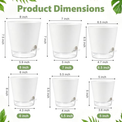 QRRICA 5/5.5/6/6.5/7/8 inch Self Watering Pot Set, Visible Water Level Planter with Transparent Reservoir & Drainage Holes, Plastic Flower Pots with Cotton Rope for Indoor/Outdoor Use (White) - color: White
