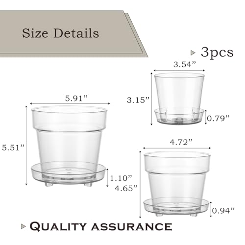 WHJY Set of 3 Multi-Size Clear Plastic Nursery Pots with Drainage Holes & Deep Saucer PET Round Planters for Indoor Plants Succulents Flowers Windowsill Gardening - size: 3.5"&4.7"&5.9"