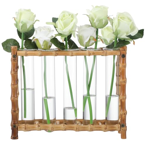 Natural Bamboo Vase with 5 Glass Tubes, Plant Propagation Station with Test Tube, Hydroponic Plants Cutting, Modern Art Decor Floral Display, Rectangular Planter for Home Decor Flower Holder