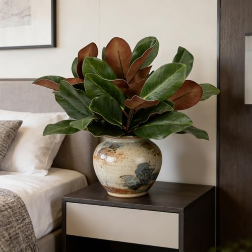 4PCS 17.7 Inch Magnolia Artificial Leaves Branches 3D Real Touch 28 Leaves Bulk Faux Magnolia Stems for Indoor Outdoor Vase Filling Home Wedding Floral Arrangement Decoration - color: (D) 4 Pcs 17.7 Inch Green