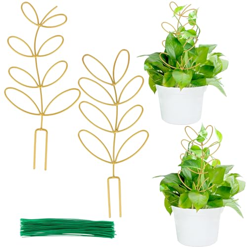 2 Pcs Gold Trellis Leaf Shape 12 Inch Metal Plant Support | with 50 Ties, for Climbing Potted Plants, Houseplant Garden Indoor Outdoor - color: Gold