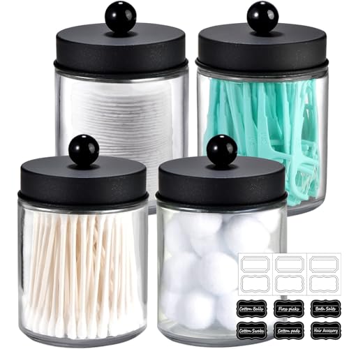 Amolliar Glass Apothecary Jar Qtip Holder Metal Lids 4pc/Black | Bathroom Decor Countertop Vanity Storage Organizer Set for q tip holder,Cotton Swabs/Rounds,Makeup Sponges,Cute Stickers - color: Black