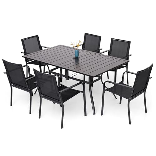 Anmutig 7-Piece Outdoor Dining Set, 63" Patio Table, Stackable Chairs Black - color: Black Fabric + Black Frame, size: 63"*38"*28"