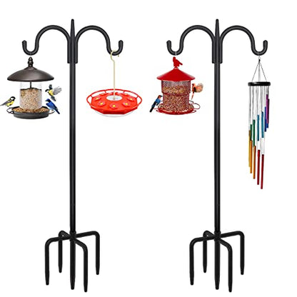 Heavy Duty Shepherds Hook 2 Pack 108" Double Hooks Adjustable (44/60/76/92/108") - Metal 5-Prong Base, 12lb Capacity - Bird Feeder Pole for Hanging Planters, Lanterns, Wind Chimes - size: 108 Inch(Pack of 2)