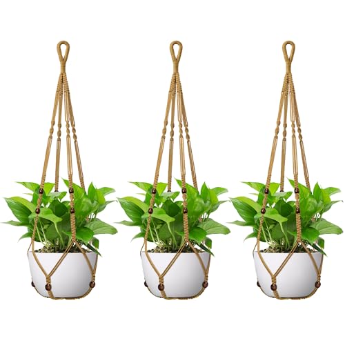 USLAI Macrame Plant Hanger, Fits 4 to 15 Inch Pots, 35 Inch, Brown, 3 Pack | Strong Hanging Plant Holder for Indoor Outdoor, Boho Home Decor (Pots Not Included) - color: Brown, size: 35+35+35 Inch