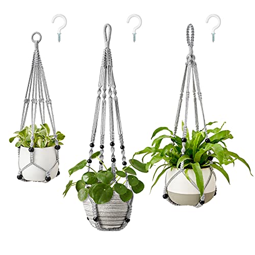Mkono 3 Pack Macrame Plant Hangers Hanging Planters for Indoor Plants Grey - color: Gray, size: Medium