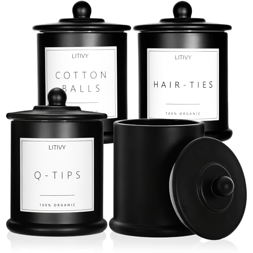 LITIVY 4 Pack Bathroom Organizers and Storage - 16 Oz Glass Qtip Holder & Cotton Pad Dispenser with Lid, Apothecary Jars for Home, Room Decor, Kitchen Organizer (Black) - color: Black
