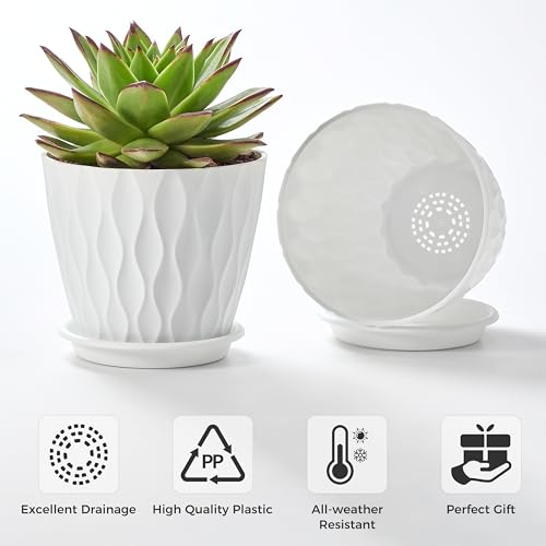 FaithLand 6-Pack 6-Inch Plastic Plant Pots with Saucers | Thickened PP Material, Modern Wave Texture, Enhanced Drainage for Indoor/Outdoor Garden Plants | White Value Set - color: White