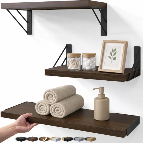 BAYKA Floating Shelves for Wall, Book Shelf for Bedroom, Wall Decor Shelves for Living Room Kitchen, Wood Floating Shelf for Home Decor, Corner Shelf for Bathroom, Office(Dark Brown,Set of 3) - color: D. Dark Brown Board & Black Brackets, size: 16-inch Mi