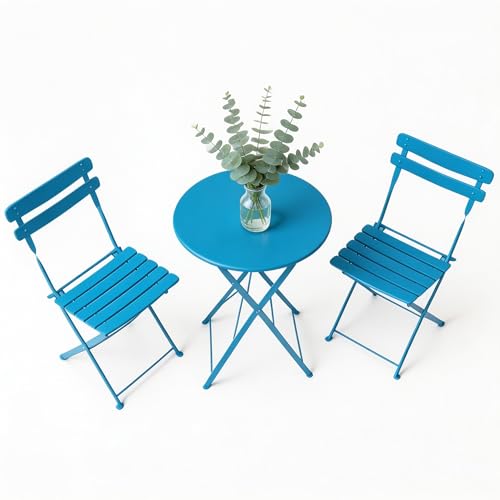 GarveeHome 3 Piece Foldable Patio Bistro Set, Outdoor/Indoor Metal Table and Chairs Furniture, Compact Round Table with 2 Folding Chairs for Balcony, Porch, Garden, Yard, Small Space, Peacock Blue - color: Peacock Blue, size: 3-Piece (Round Table)