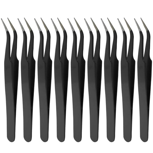Murtenze 9 Pack Precision Tweezers, Stainless Steel Craft Curved Pointed Long Tweezer with Protective Cover for Eyelash Extensions, Jewelry Making, Rhinestones, Nail Art (Black) - color: Black