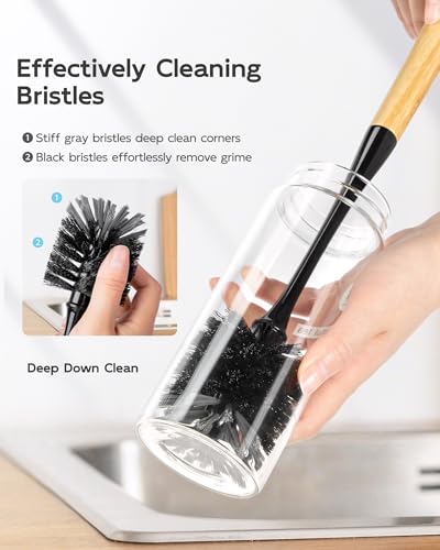 MR.SIGA Water Bottle Brush, Long Handle Bottle Brush for Sports Bottles | bottle brushes for cleaning, drinking glasses brush with bamboo handle, 5.7 cm(2.2 inch) wide brush head, 2 pack - color: Black