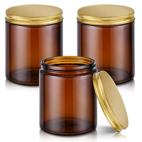 8 oz Glass Jars with Lids, 3 Pack Small Amber Glass Jars with Gold Lids - color: Amber-Gold Lids
