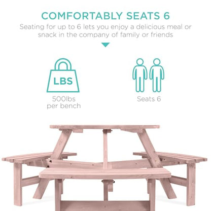 Best Choice Products 6-Person Circular Outdoor Wooden Picnic Table for Patio, Backyard, Garden, DIY w/ 3 Built-in Benches, 500lb Capacity - Rose Quartz - color: Rose Quartz