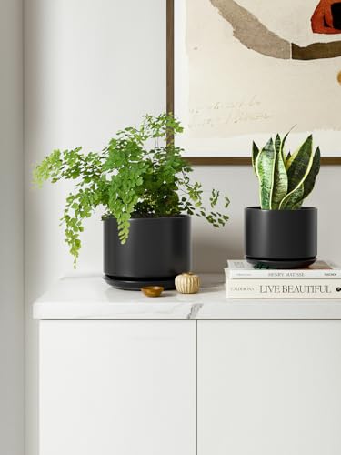 LE TAUCI Ceramic Plant Pots, 4.3+5.3+6.8 inch, Set of 3, Planters with Drainage Hole and Saucer, Indoor Flower Pot with Hole Mesh Pad, Gifts for Mom, Black - color: Black