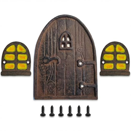 Lulu Decor, 100% Cast Iron Rustic Brown Miniature Fairy Door 8" with 2 Windows, Garden Ornament Ideal for Bottom of Trees (8 Inch - Round Top) - color: Brown, size: 8"