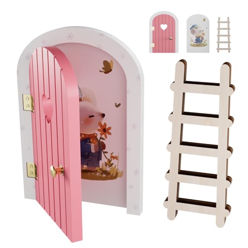 Wooden Fairy Door with Mouse Scene Sticker and Ladder, Home Decor | Opening design, heart cutout, gold knob, smooth edges, water-based paint, wall/baseboard/dollhouse use - color: Pink